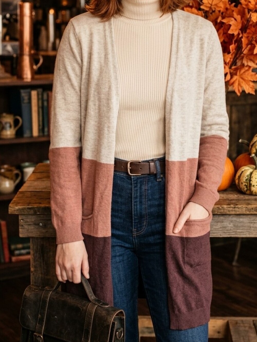 Colorblock Cardigan In Neutral Colors - Fall Transitional Wardrobe Long Sweater